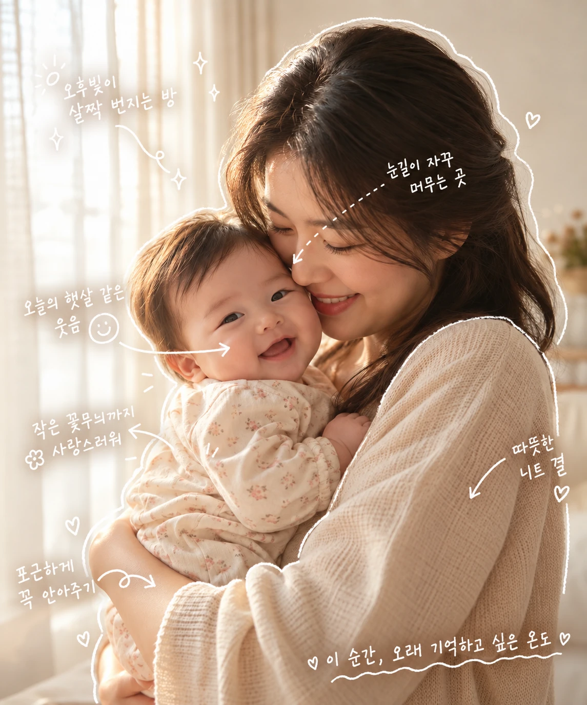 엄마 품에서 마주 웃는 시간 — 손글씨 메모가 더해진 완성본
